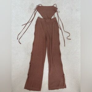 NWT sexy gold crochet cut out Brown Knit Women's Jumpsuit pants set